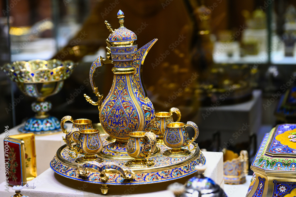 Enamel tea set exposition in Faberge Museum