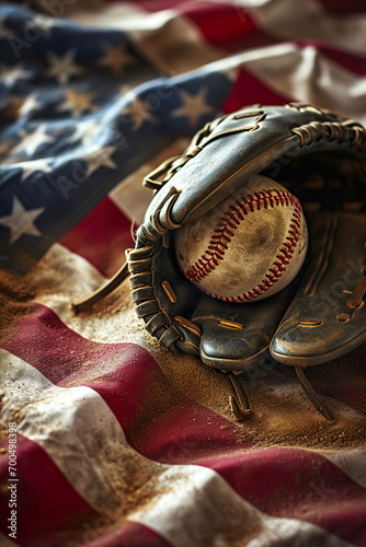 Baseball and glove on American flag, sports theme, copy space