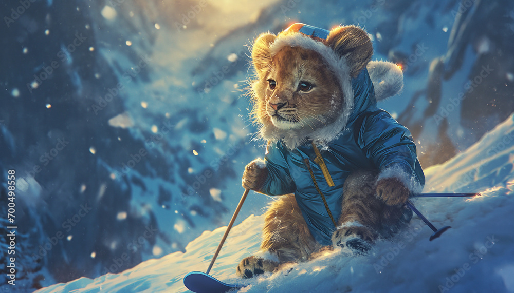 Adventurous Skiing Cat in Snowy Mountain Scenery - obrazy, fototapety, plakaty 
