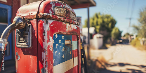Vintage gas pump with American flag design, Route 66, copy space