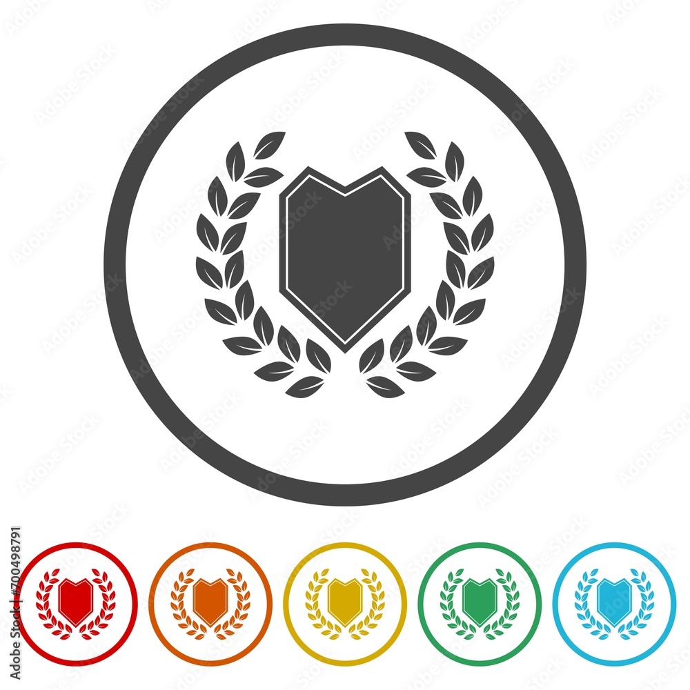 Shield with laurel wreath icon. Set icons in color circle buttons Shield with laurel wreath icon. Set icons in color circle buttons