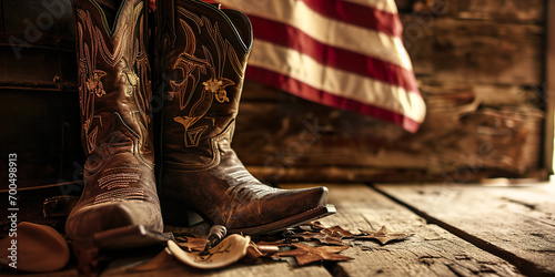 Cowboy boots and hat with flag, western theme, copy space