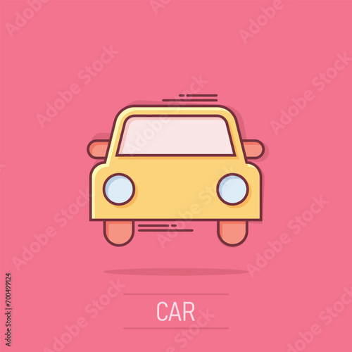 Car icon in comic style. Automobile car vector cartoon illustration pictogram. Auto business concept splash effect.