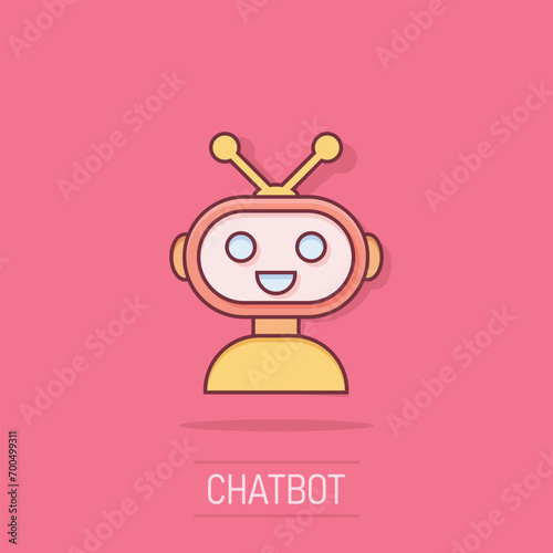 Cute robot chatbot icon in comic style. Bot operator vector cartoon illustration pictogram. Smart chatbot character business concept splash effect.