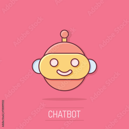 Cute robot chatbot icon in comic style. Bot operator vector cartoon illustration pictogram. Smart chatbot character business concept splash effect.