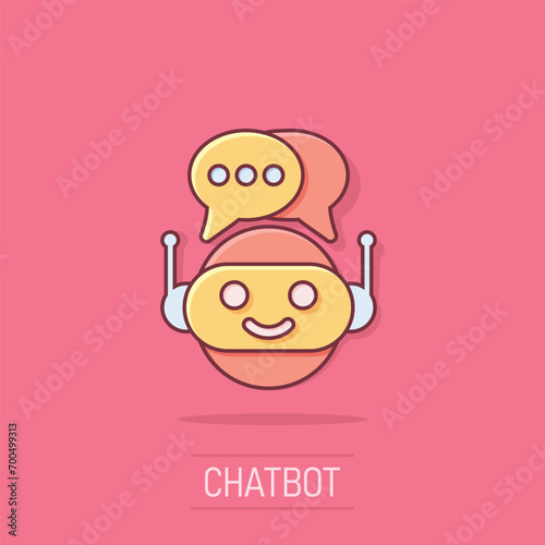 Cute robot chatbot icon in comic style. Bot operator vector cartoon illustration pictogram. Smart chatbot character business concept splash effect.