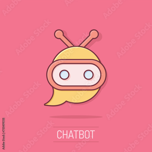 Cute robot chatbot icon in comic style. Bot operator vector cartoon illustration pictogram. Smart chatbot character business concept splash effect.