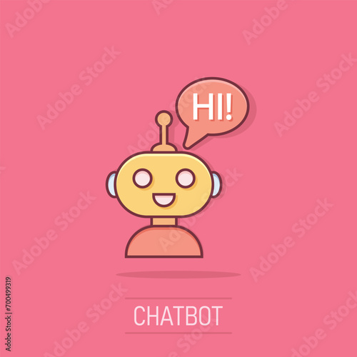 Cute robot chatbot icon in comic style. Bot operator vector cartoon illustration pictogram. Smart chatbot character business concept splash effect.