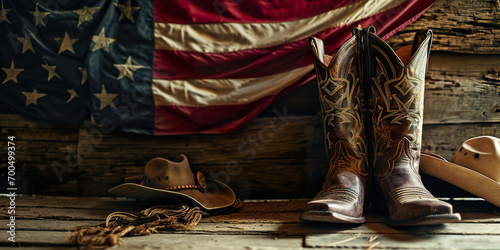 Cowboy boots and hat with flag, western theme, copy space photo