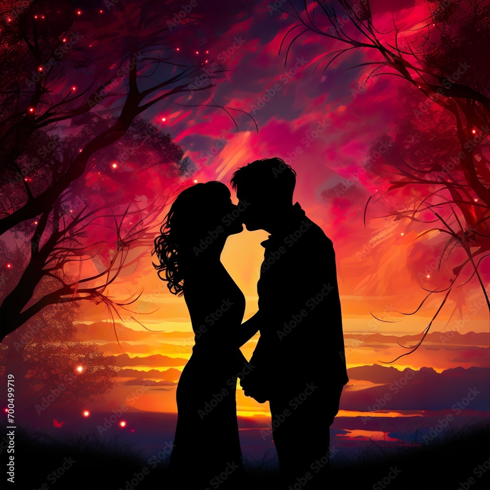 Silhouette of a couple sharing a kiss against a colourful sunset. Love. - Generative AI