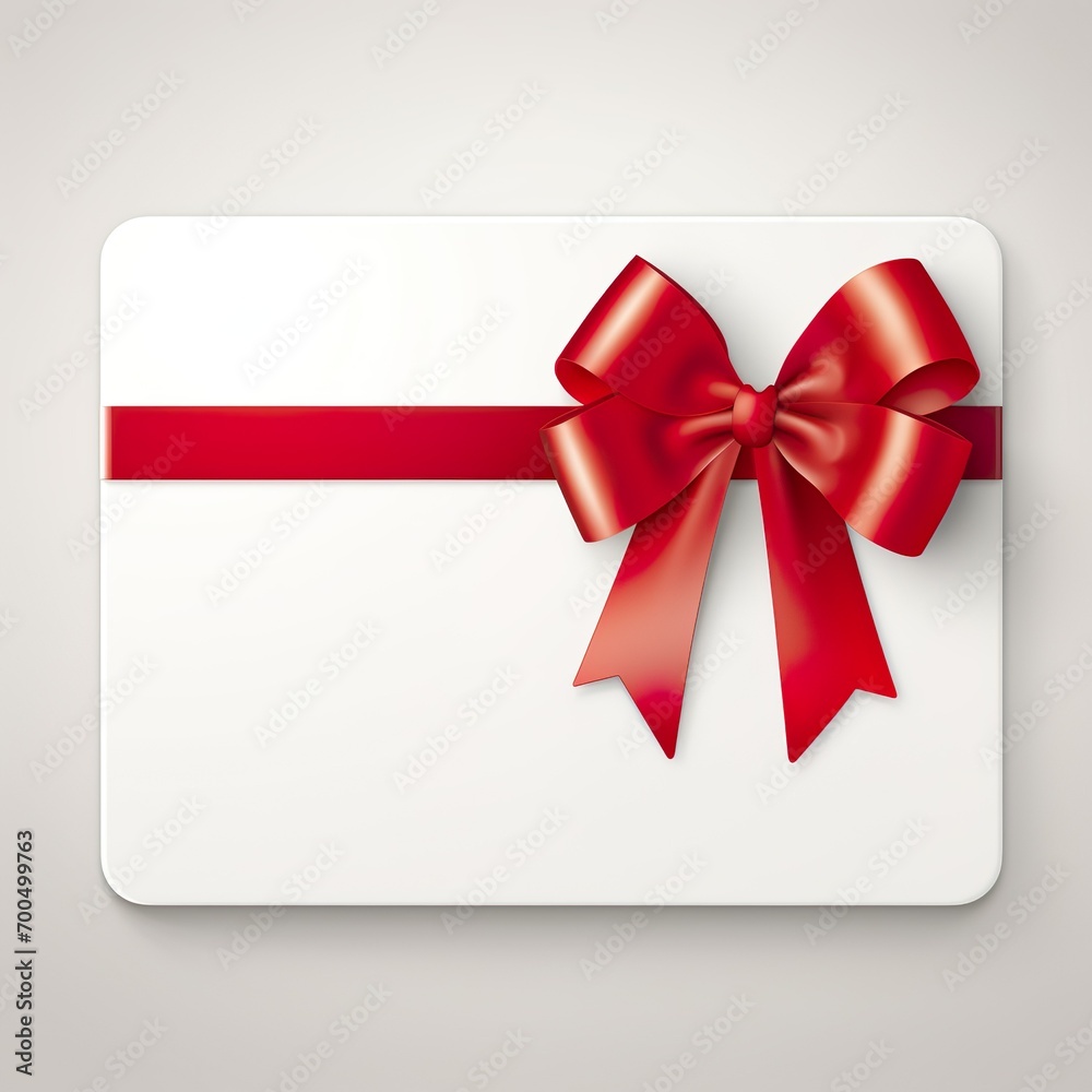 White gift card where in the left corner is a red ribbon row - Generative AI White gift card where in the left corner is a red ribbon row - Generative AI