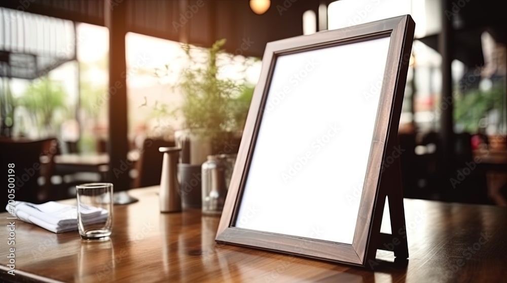 Menu Mock up blank for text marketing promotion. Mock up Menu frame standing on wood table in restaurant space for text. Menu Mock up blank for text marketing promotion. Mock up Menu frame standing on wood table in restaurant space for text.