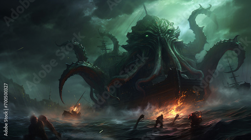 Dark fantasy scene showing Cthulhu the giant sea monster