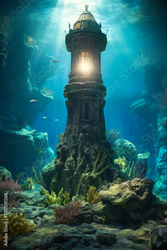 Fantasy underwater scene with an ancient lighthouse amongst coral reefs, bathed in ethereal sunlight. photo