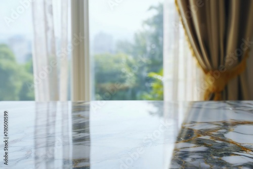 Marble table top on blur room interior with window curtain background. generative ai. Free Download Marble table top on blur room interior with window curtain background. generative ai. - GFXLoad