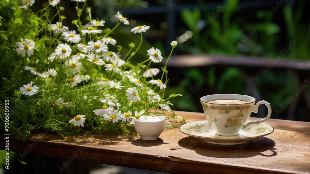 Spring - Chamomile Flowers In Teacup On Wooden Table In Garden Spring - Chamomile Flowers In Teacup On Wooden Table In Garden