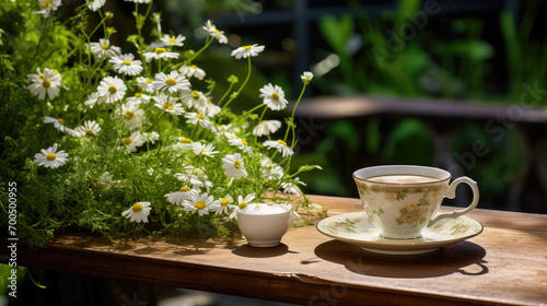 Spring - Chamomile Flowers In Teacup On Wooden Table In Garden