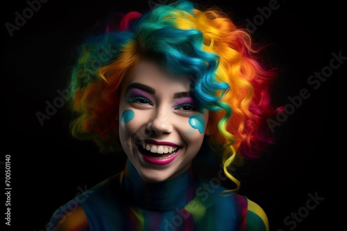 a woman with colorful hair smiling