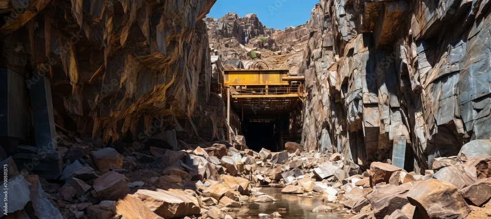 Fototapeta premium Abandoned mine tunnel. Generative AI technology. 