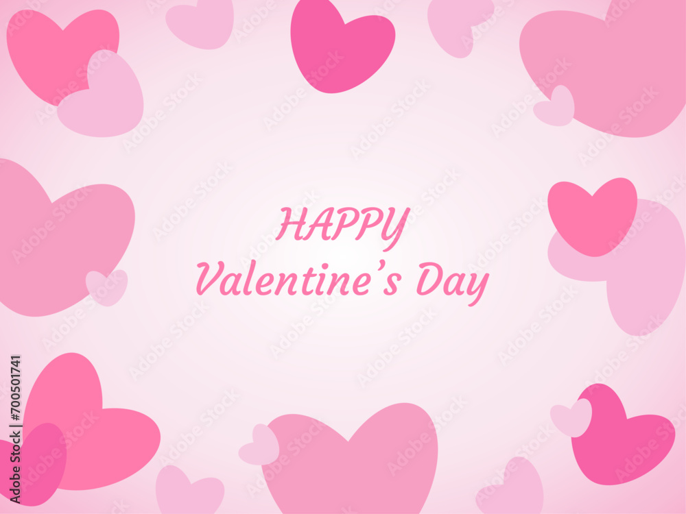 Festive background banner Valentine's day. Pink background with pink hearts. Happy Valentine's Day text. Hand drawn vector illustration. Greeting card invitation. Post social network.