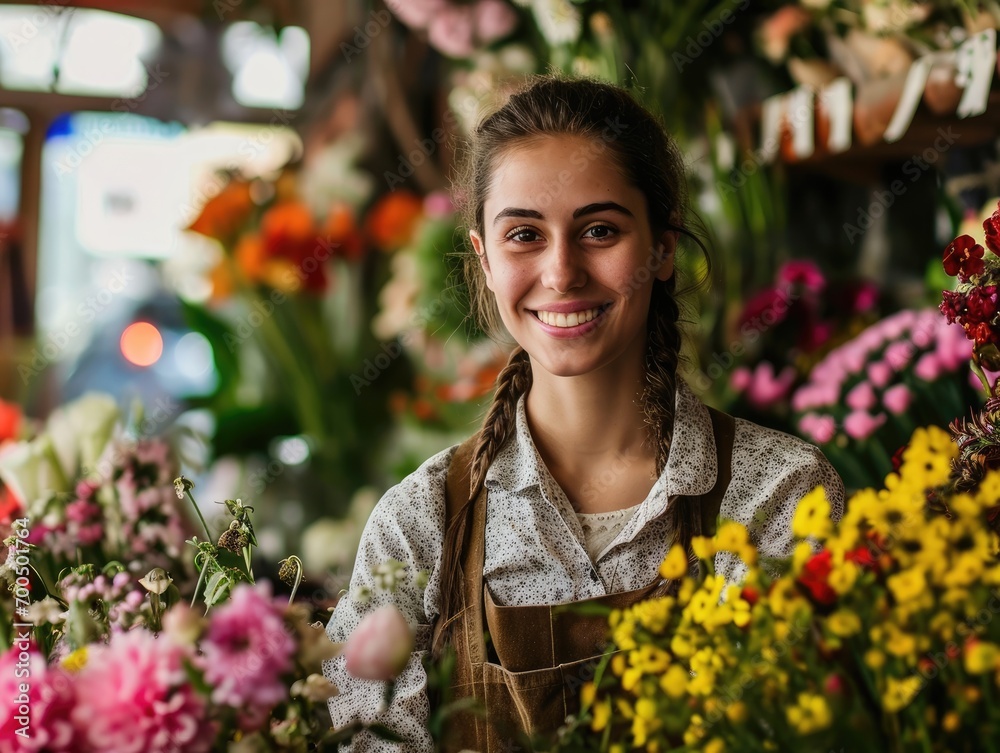 Beautiful girl saleswoman in a flower shop