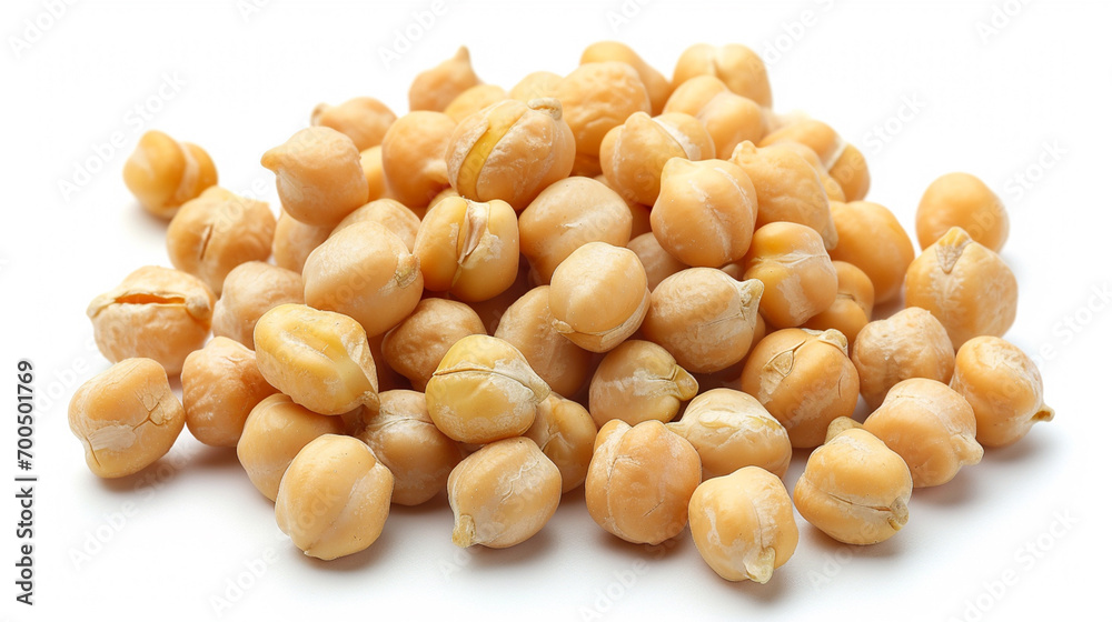 A collection of chickpeas captured in a top view, set against a white isolated background - obrazy, fototapety, plakaty 
