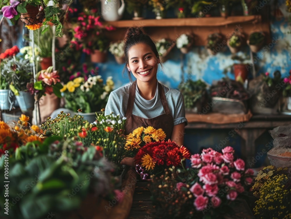 Beautiful girl saleswoman in a flower shop
