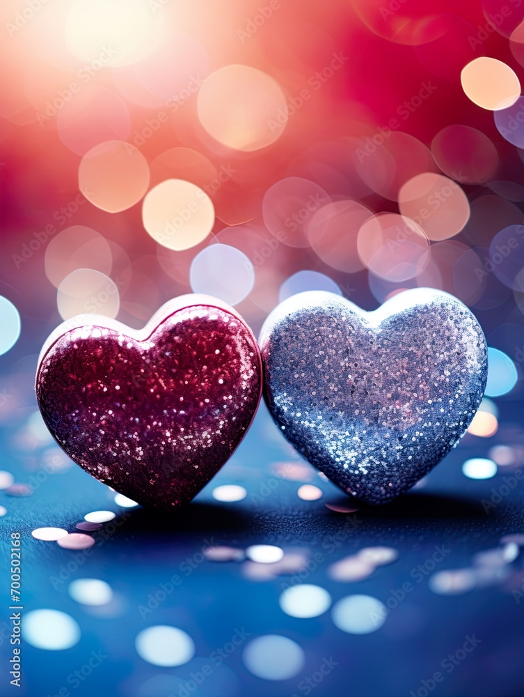 Valentines day festive background with two hearts In Shiny Background Valentine's Day glitter background