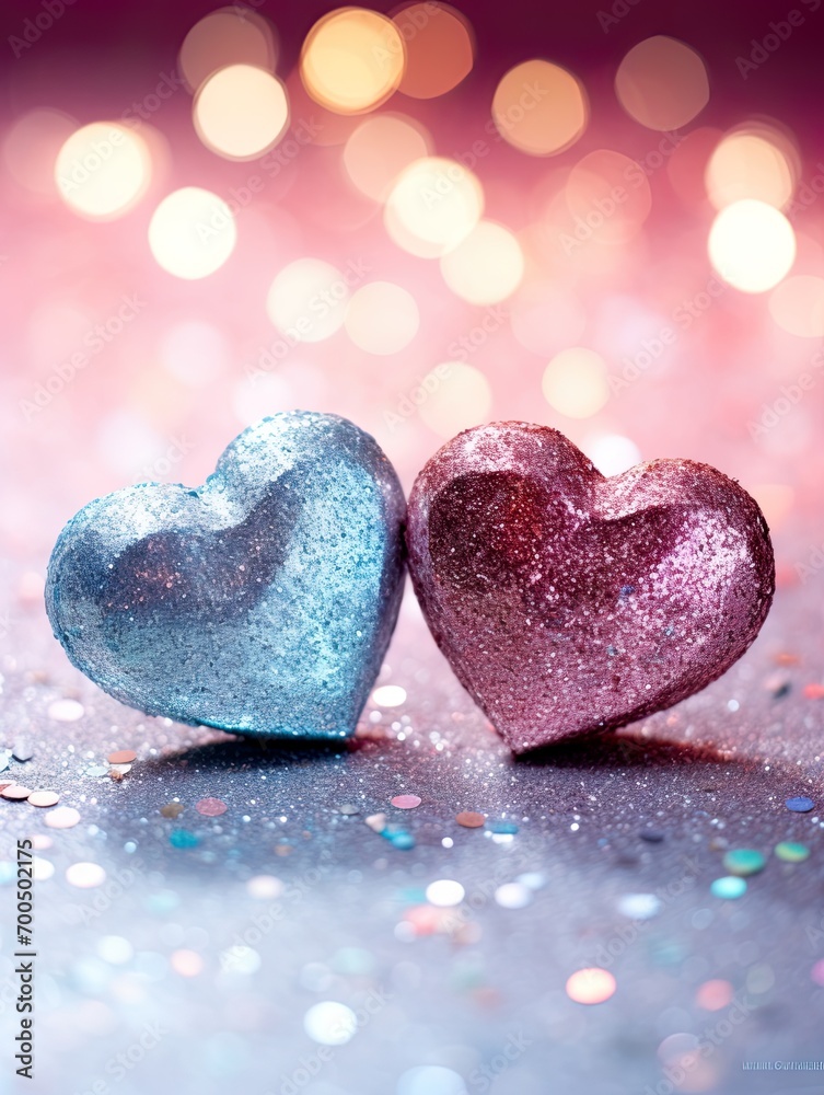 Fototapeta premium Valentines day festive background with two hearts In Shiny Background Valentine's Day glitter background