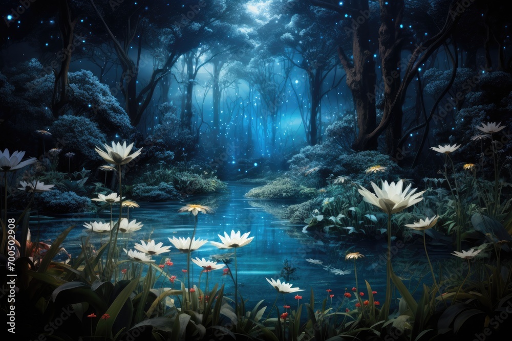 Enchanted Night Bloom - Luminous Flowers and Mystical Forest Under Moonlight