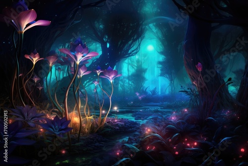 Mystical Midnight Garden - Luminous Blooms in a Magical Forest