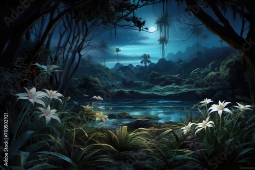 Moonlit Wilderness - A Serene River Journey Through a Nocturnal Paradise..