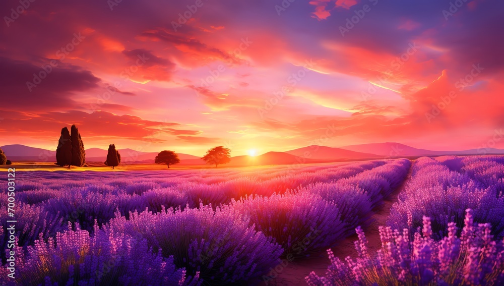 a field of lavender with a sunset