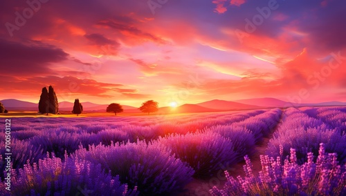 a field of lavender with a sunset
