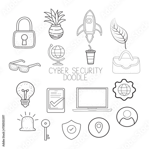 Cyber Security doodle  art illustration, hand-drawn criminology elements