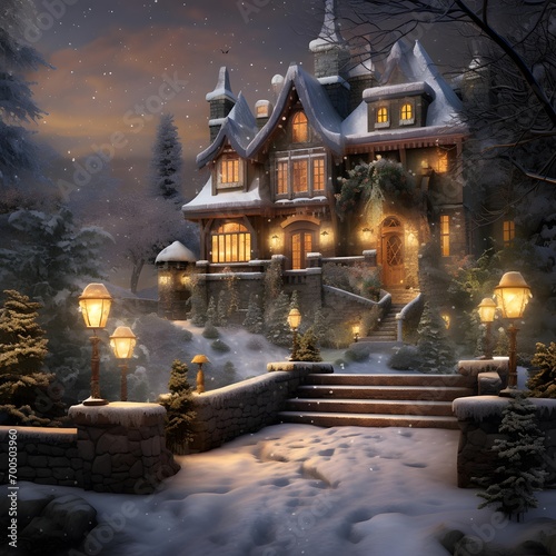 Winter night in the village. Winter landscape. Christmas trees and houses.