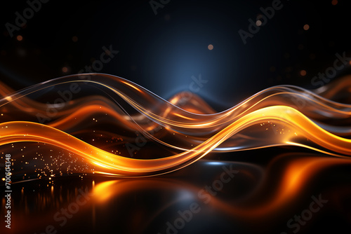 Abstract neon light wavy effect glowing bright flowing curve lines on black and gold background