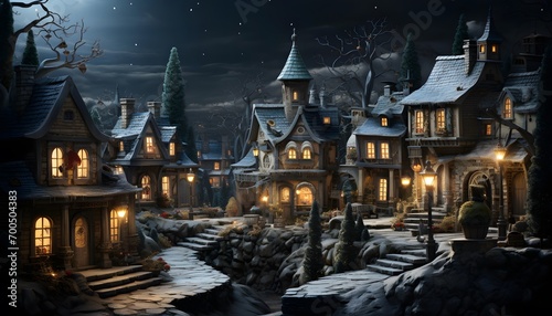 Fairy tale scene with small village at night. Digital painting.