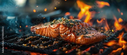 Fish grill bbq Grilled salmon fish steak on the flaming grill Smoking barbecue on the backyard porch. Creative Banner. Copyspace image