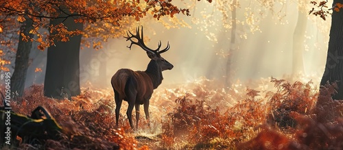Beautiful image of red deer stag in forest landscape of foggy misty forest in Autumn Fall. Creative Banner. Copyspace image photo
