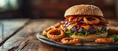 burger with onion rings and barbecue sauce with pepperjack cheese on plate. Creative Banner. Copyspace image photo