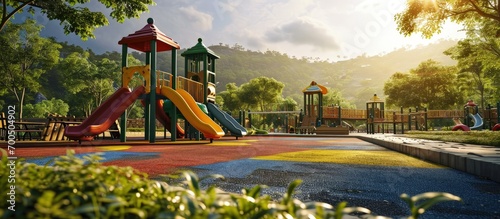 An image of a colorful children playground without children. Creative Banner. Copyspace image