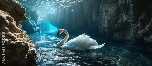Fototapeta Naklejka Na Ścianę i Meble -  A vertical shot of an elegant swan floating on deep sea waters seen through stone surface. Creative Banner. Copyspace image