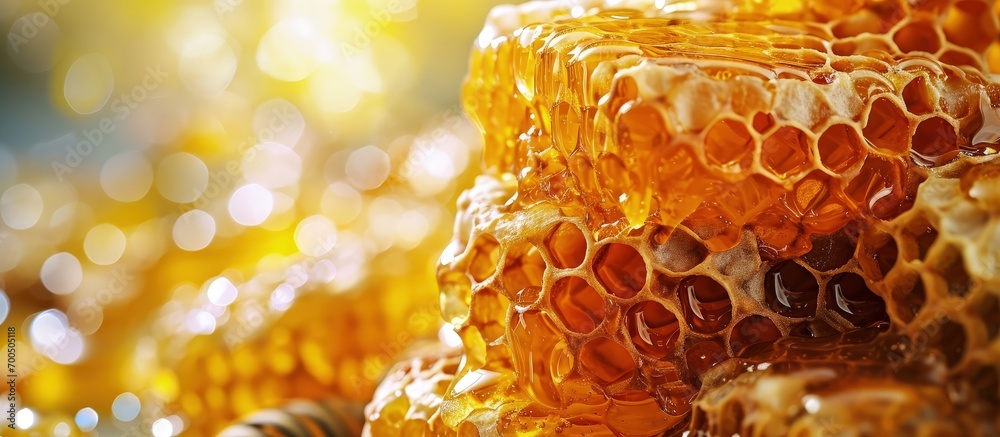 appetizing delicious natural honey in wax combs flows out of honeycombs pieces of honey in honeycombs. Creative Banner. Copyspace image - obrazy, fototapety, plakaty 