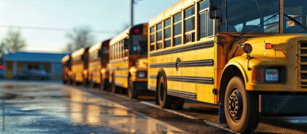 Buses at the school waiting for the kids to get on. Creative Banner. Copyspace image