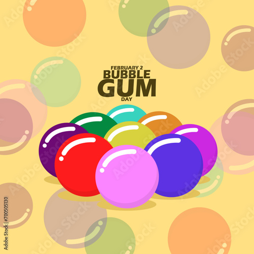 National Bubble Gum Day event banner. round chewing gum in various colors, with bold text on light yellow background to celebrate February 2