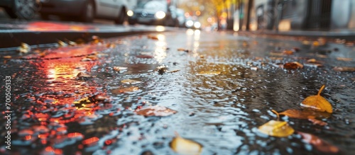 Asphalt road after the rain and crosswalk with reflections vertical photo of wet empty street. Creative Banner. Copyspace image