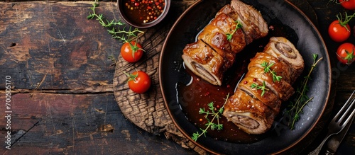 Beef roulades with onion mustard pickle bacon filling and delicious brown gravy. Creative Banner. Copyspace image photo