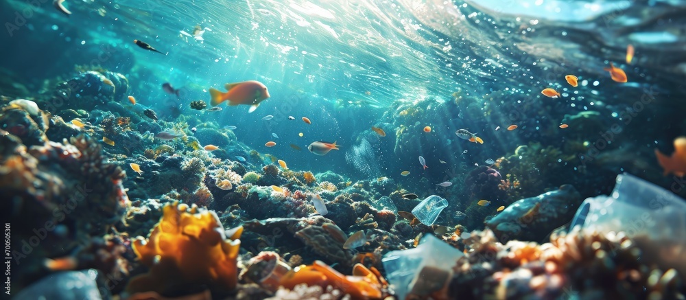 A plastic bottle floats in the Pacific Ocean Plastics break down into tiny pieces which enter the food chain and can be harmful to many species including humans. Creative Banner. Copyspace image - obrazy, fototapety, plakaty 