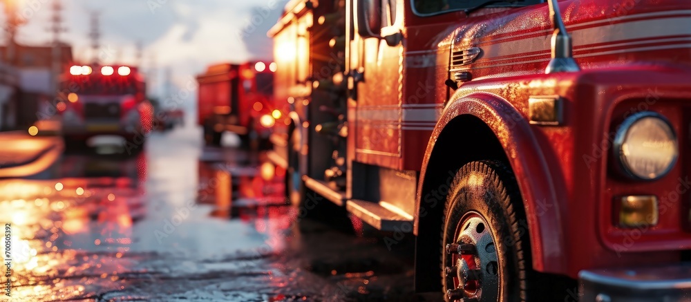 Firefighters prepare fire trucks in time for burning. Creative Banner. Copyspace image Firefighters prepare fire trucks in time for burning. Creative Banner. Copyspace image